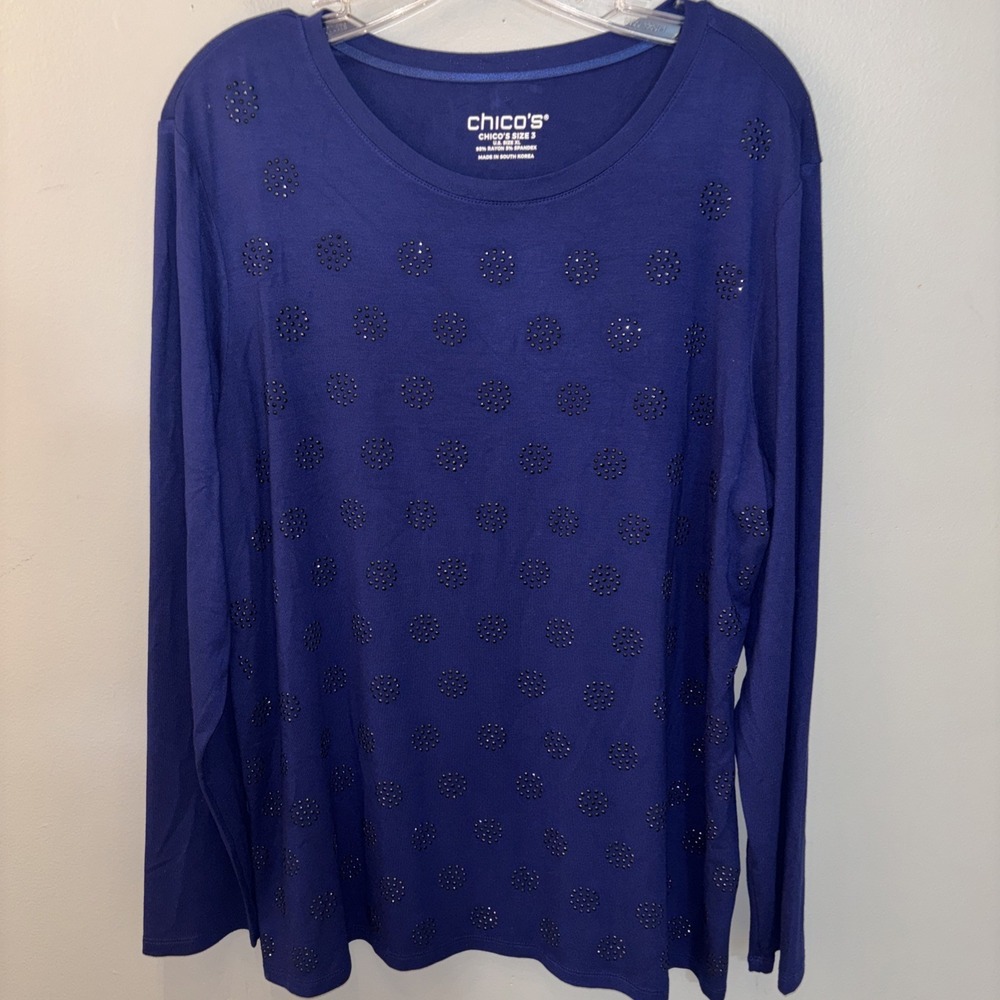 Chico's Pullover Tunic Top Vibrant Blue Studded Dot Pattern Size XL Careerwear